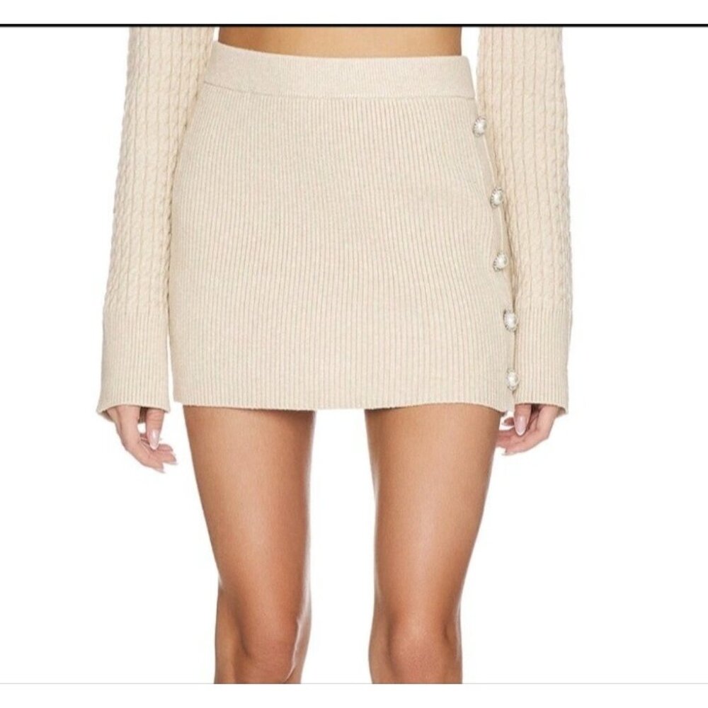Stitches & Stripes Lilit Mini Skirt Latte Beige pull on Pearl buttons size L New
